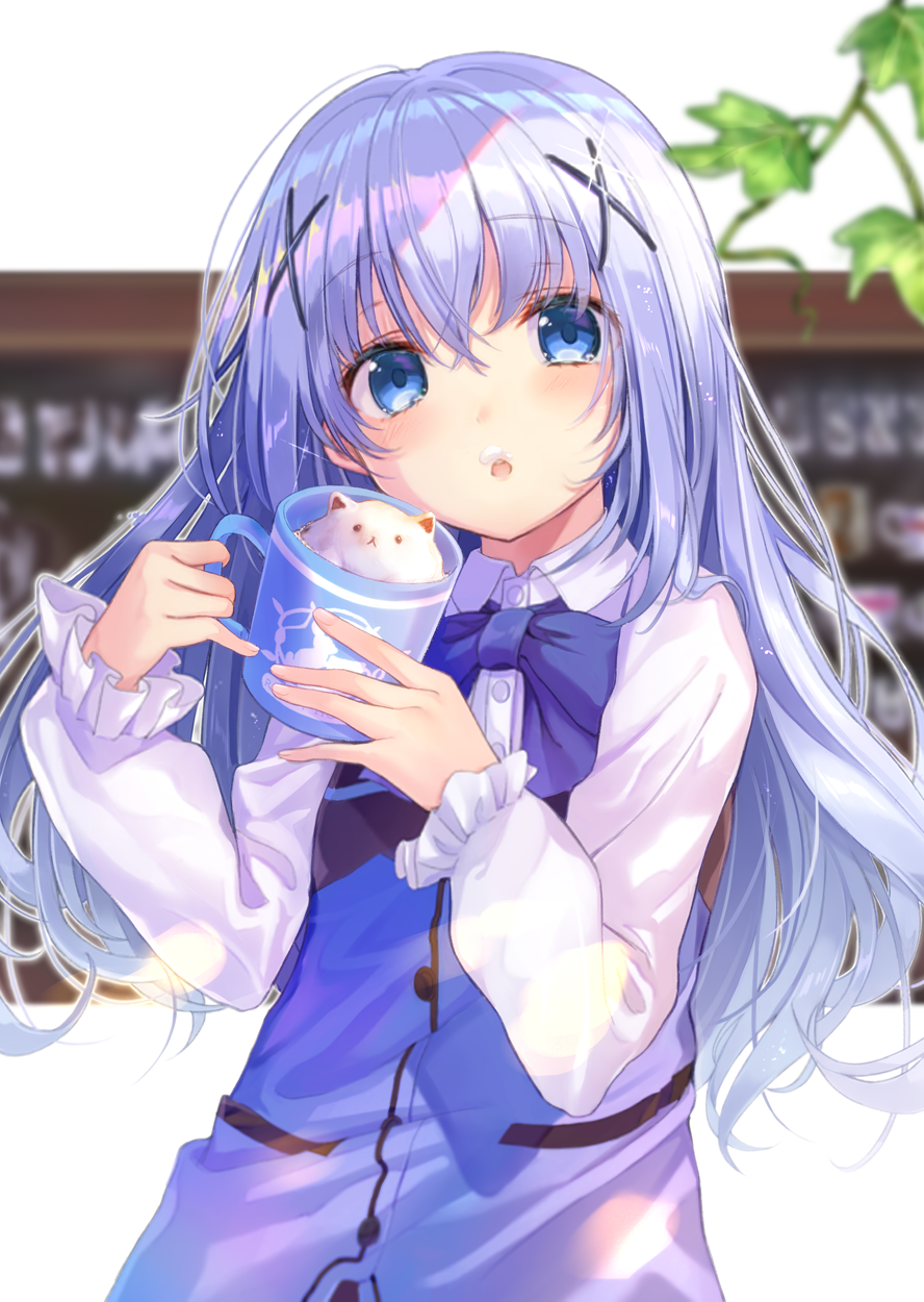 1girl :o angora_rabbit bangs blue_eyes blue_hair blue_neckwear blue_shirt blurry blush bow bowtie buttons commentary_request cream cream_on_face cup depth_of_field eyebrows_visible_through_hair food food_on_face frilled_sleeves frills gochuumon_wa_usagi_desu_ka? hair_ornament hairclip hands_up head_tilt highres holding holding_cup kafuu_chino long_hair long_sleeves looking_at_viewer menu_board mug parted_lips plant rabbit sakura_honoka_(srhk0623) shirt sidelocks solo tareme tippy_(gochiusa) upper_body upper_teeth white_background x_hair_ornament