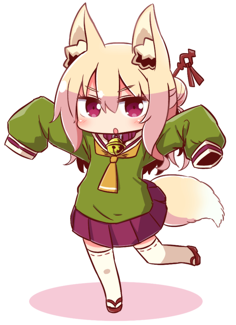 1girl :o animal_ear_fluff animal_ears bangs bell bell_collar blonde_hair blush brown_collar brown_footwear collar commentary_request eyebrows_visible_through_hair fox_ears fox_girl fox_tail full_body green_shirt hair_between_eyes hair_bun hair_ornament hands_up jingle_bell kemomimi-chan_(naga_u) long_hair long_sleeves naga_u orange_neckwear original parted_lips pleated_skirt purple_skirt red_eyes ribbon-trimmed_legwear ribbon_trim sailor_collar school_uniform serafuku shadow shirt sidelocks skirt sleeves_past_fingers sleeves_past_wrists solo standing standing_on_one_leg tail thigh-highs v-shaped_eyebrows white_background white_legwear white_sailor_collar zouri