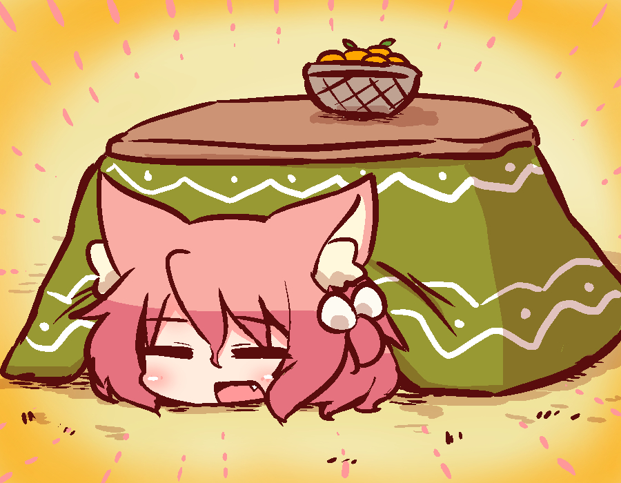 1girl 7th_dragon 7th_dragon_(series) :d =_= animal_ear_fluff animal_ears bangs basket blush cat_ears closed_eyes eyebrows_visible_through_hair facing_viewer fang food fruit hair_between_eyes hair_bobbles hair_ornament harukara_(7th_dragon) head kotatsu lying mandarin_orange naga_u on_stomach one_side_up open_mouth pink_hair sidelocks smile solo table under_kotatsu under_table