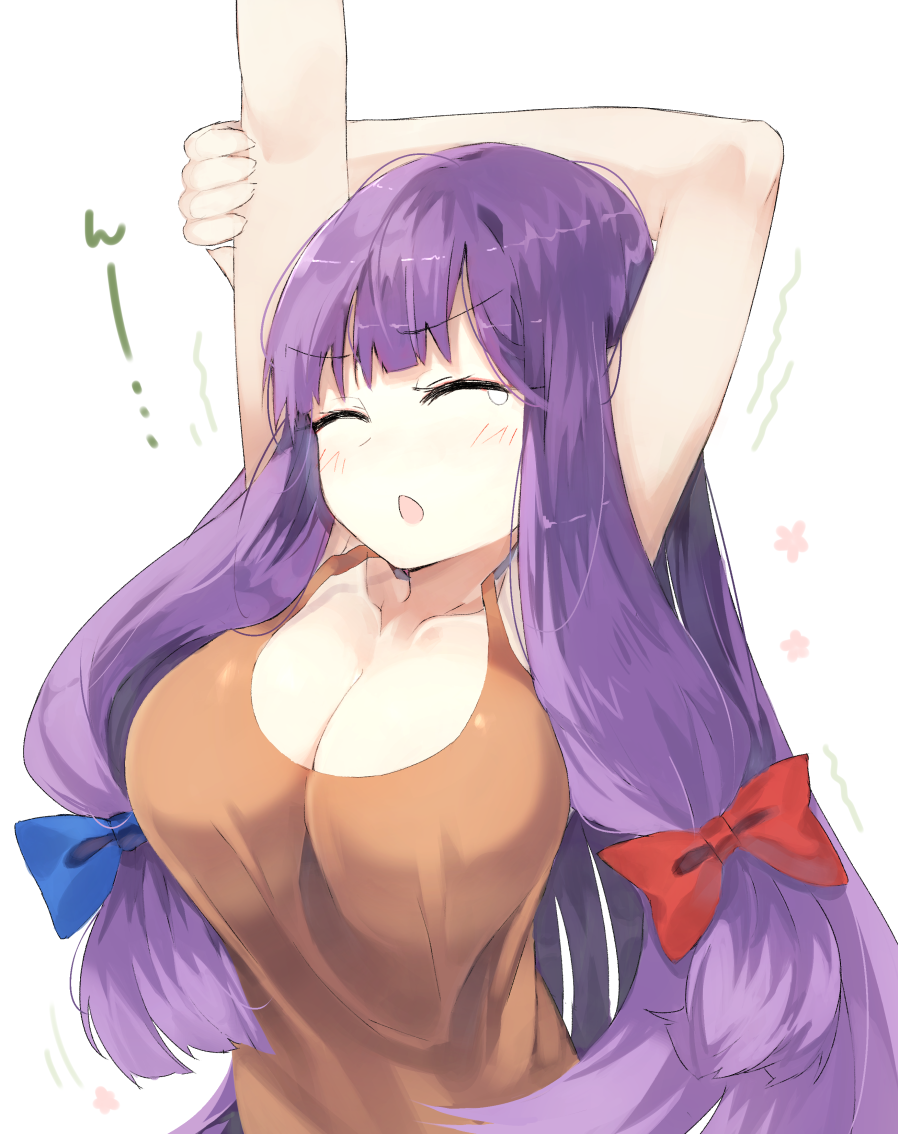 1girl ^_^ alternate_costume arms_up bangs blue_bow blush bow breasts brown_tank_top cleavage closed_eyes collarbone commentary_request eyebrows_visible_through_hair hair_between_eyes hair_bow kasuka_(kusuki) large_breasts long_hair no_hat no_headwear open_mouth patchouli_knowledge purple_hair red_bow sidelocks simple_background solo stretch tank_top tears touhou translated upper_body very_long_hair white_background