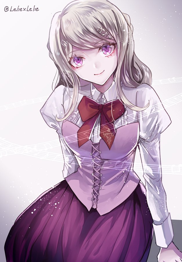 1girl akamatsu_kaede bangs black_shirt corset dangan_ronpa head_tilt long_hair long_skirt long_sleeves looking_at_viewer musical_note_hair_ornament new_dangan_ronpa_v3 parted_bangs purple_skirt red_neckwear shirt silver_hair sitting skirt smile solo staff_(music) violet_eyes z-epto_(chat-noir86)