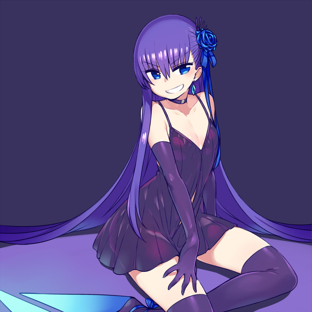 1girl absurdly_long_hair alternate_costume black_dress black_gloves blue_eyes chan_co choker dress elbow_gloves eyebrows_visible_through_hair fate/extra fate/extra_ccc fate/grand_order fate_(series) flower gloves grin hair_flower hair_ornament jewelry long_hair meltlilith purple_hair simple_background single_earring sitting smile solo thigh-highs v-shaped_eyebrows very_long_hair yokozuwari