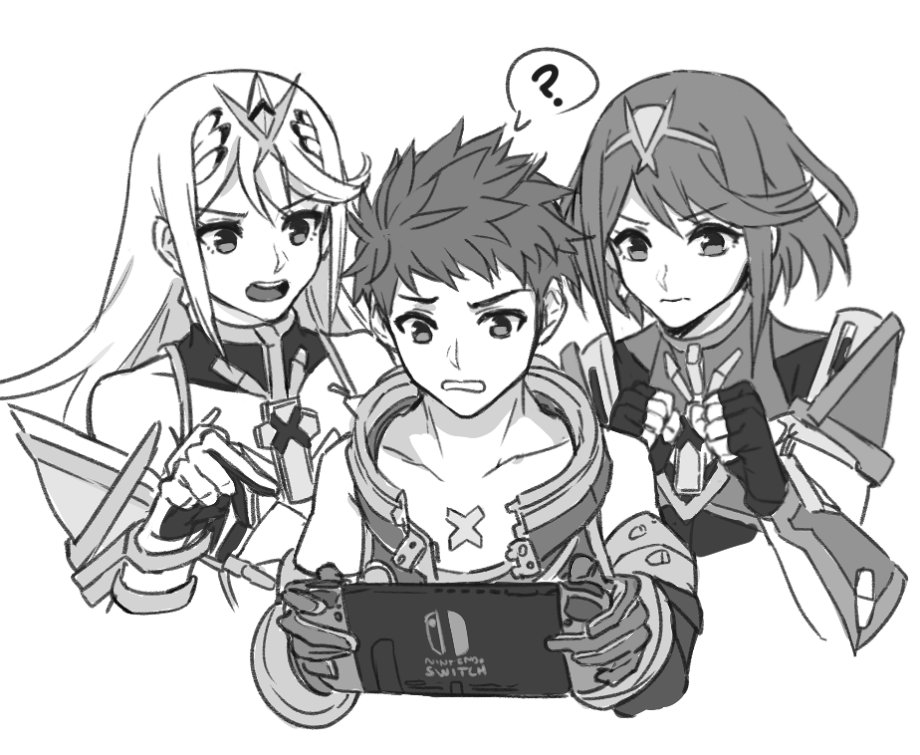 2girls armor bangs black_hair blush bodysuit controller fingerless_gloves game_console game_controller gloves handheld_game_console mythra_(xenoblade) holding pyra_(xenoblade) joy-con kamu_(kamuuei) long_hair monochrome multiple_girls nintendo nintendo_switch open_mouth playing_games rex_(xenoblade_2) short_hair smile xenoblade_(series) xenoblade_2