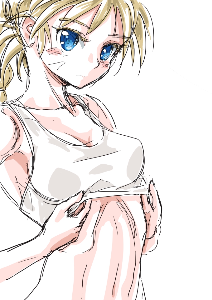 1girl 90s arched_back blonde_hair blue_eyes breasts chrono_cross cleavage closed_mouth collarbone colored_eyelashes eyelashes kid_(chrono_cross) lifted_by_self medium_breasts multi-tied_hair s-a-murai simple_background sketch solo tank_top_lift toned upper_body white_background white_tank_top