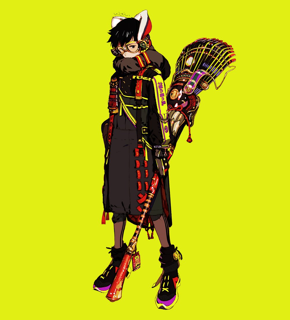 1boy animal_ears black_hair broom cat_ears decorations full_body goggles green_background holding holding_broom hood hoodie looking_at_viewer original scarf shoes signature sneakers solo sportswear standing talisman translation_request ukumo_uichi
