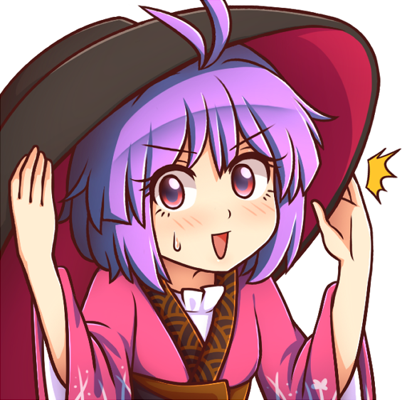 /\/\/\ 1girl :d antenna_hair bangs black_hat blush bowl bowl_hat brown_sash commentary eyebrows_visible_through_hair eyelashes hand_on_headwear hands_up hat japanese_clothes kimono long_sleeves looking_at_viewer obi open_mouth purple_hair red_eyes red_kimono sash simple_background smile solo sukuna_shinmyoumaru sweat touhou upper_body v-shaped_eyebrows white_background wide_sleeves wool_(miwol)