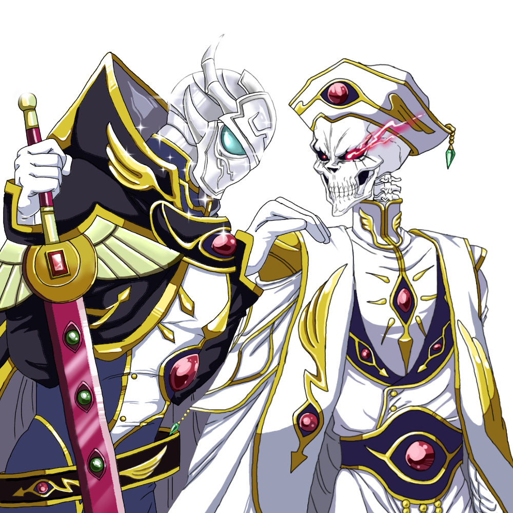 2boys ainz_ooal_gown armor black_sclera code_geass cosplay gloves hand_on_shoulder hat holding holding_sword holding_weapon lelouch_lamperouge lelouch_lamperouge_(cosplay) multiple_boys nekomaestra9 overlord_(maruyama) red_eyes simple_background skeleton sparkle sword touch_me weapon white_background