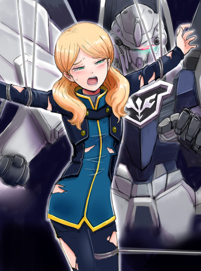 1girl bdsm blonde_hair blush bondage bound commentary_request flat_chest gacha-m glowing glowing_eye green_eyes gundam gundam_narrative long_hair mecha red_eyes rita_bernal sinanju_stein sweat tears torn_clothes wire