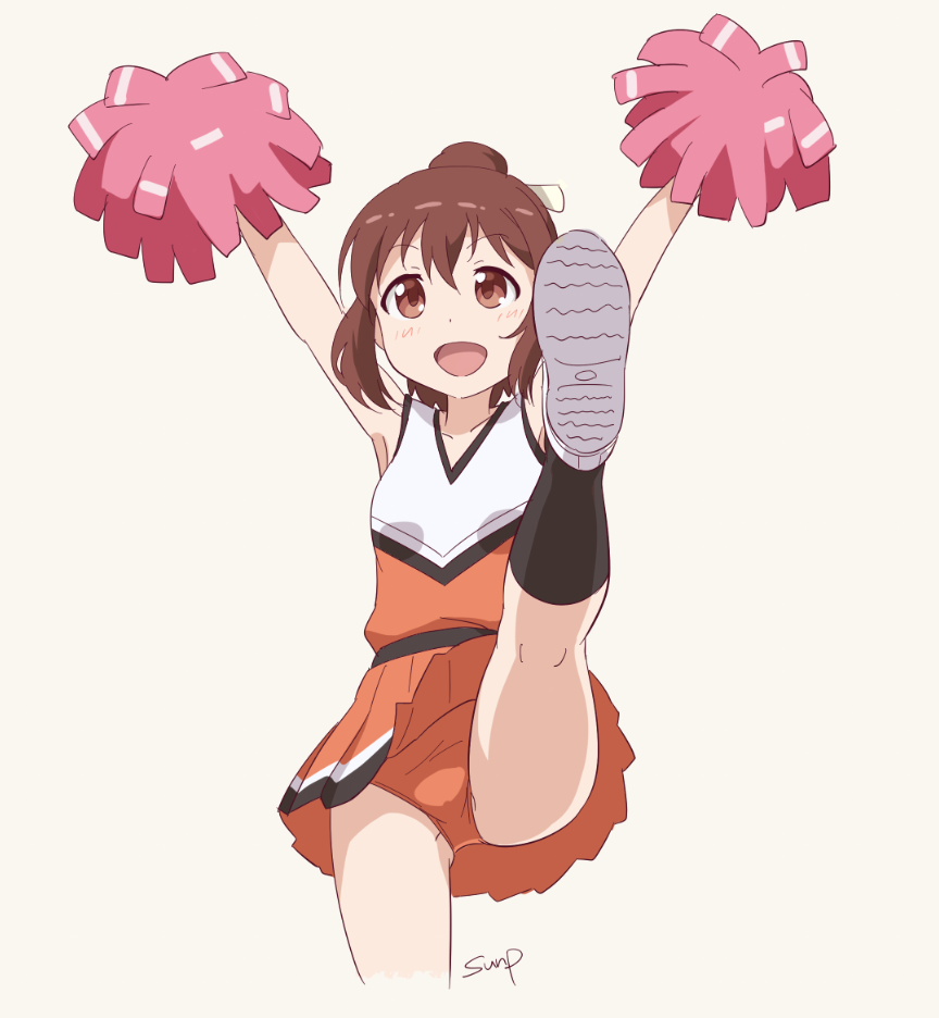 1girl :d anima_yell! arms_up bangs blush brown_eyes brown_hair cheerleader hair_bun holding kneehighs kneepits leg_up miniskirt open_mouth orange_skirt pleated_skirt pom_poms skirt smile sunsun69 tank_top tatejima_kotetsu