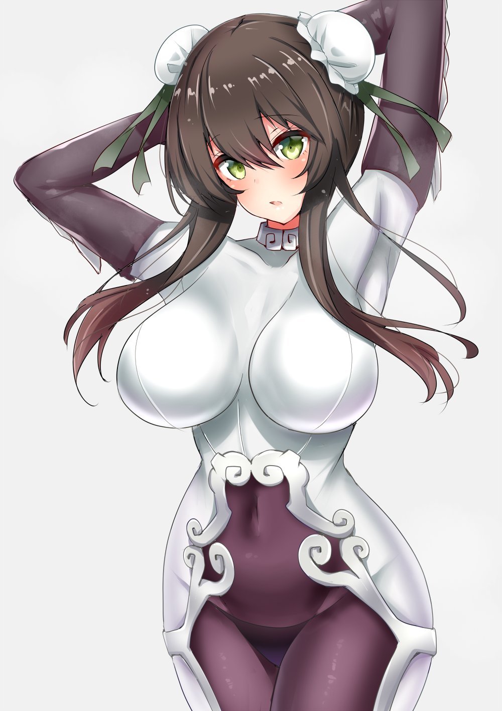 1girl armpits arms_behind_head arms_up bangs blush bodysuit breasts brown_hair bun_cover chinese_clothes covered_navel double_bun fate/grand_order fate_(series) green_eyes green_ribbon hair_between_eyes hair_ribbon highres hips large_breasts long_hair looking_at_viewer parted_lips qin_liangyu_(fate) ribbon sankakusui sidelocks simple_background solo thighs white_background white_bodysuit