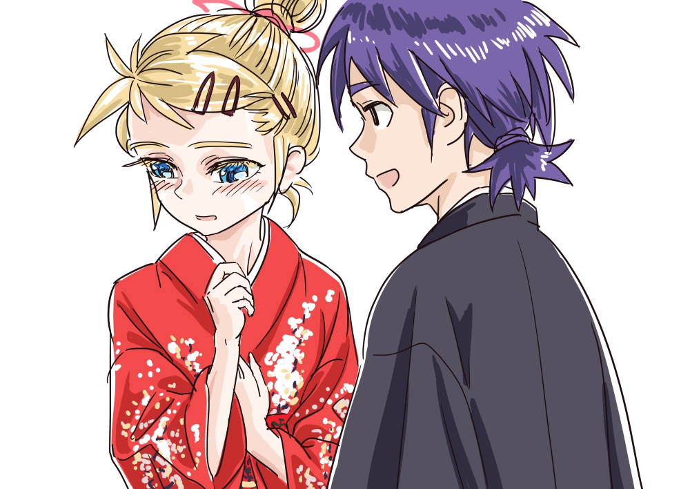 1boy 1girl 90s :d blonde_hair blue_eyes blush chrono_cross colored_eyelashes couple eyelashes floral_print hands_up hetero japanese_clothes kid_(chrono_cross) kimono long_sleeves looking_at_another looking_away open_mouth print_kimono purple_hair red_kimono s-a-murai serge short_hair shy simple_background sketch smile upper_body white_background wide_sleeves
