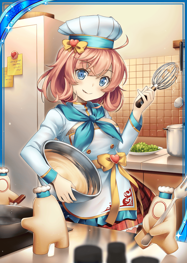 1girl akkijin aqua_ribbon baking blue_eyes bowl breasts card_(medium) chef chef_hat chef_uniform cooking frying_pan hat indoors kitchen looking_at_viewer medium_breasts mixing_bowl official_art orange_hair ribbon salad shikigami shinkai_no_valkyrie short_hair whisk yellow_ribbon