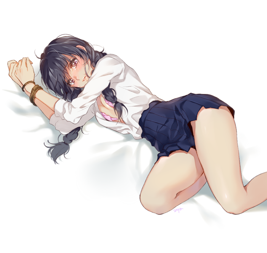 1girl 2nya bed_sheet black_hair blue_skirt blush bound bra braid brown_eyes dress_shirt front-hook_bra long_hair lying miniskirt on_side open_bra open_clothes open_shirt original parted_lips pink_bra pleated_skirt shirt simple_background skirt solo tied_up twin_braids twintails underwear white_background white_shirt