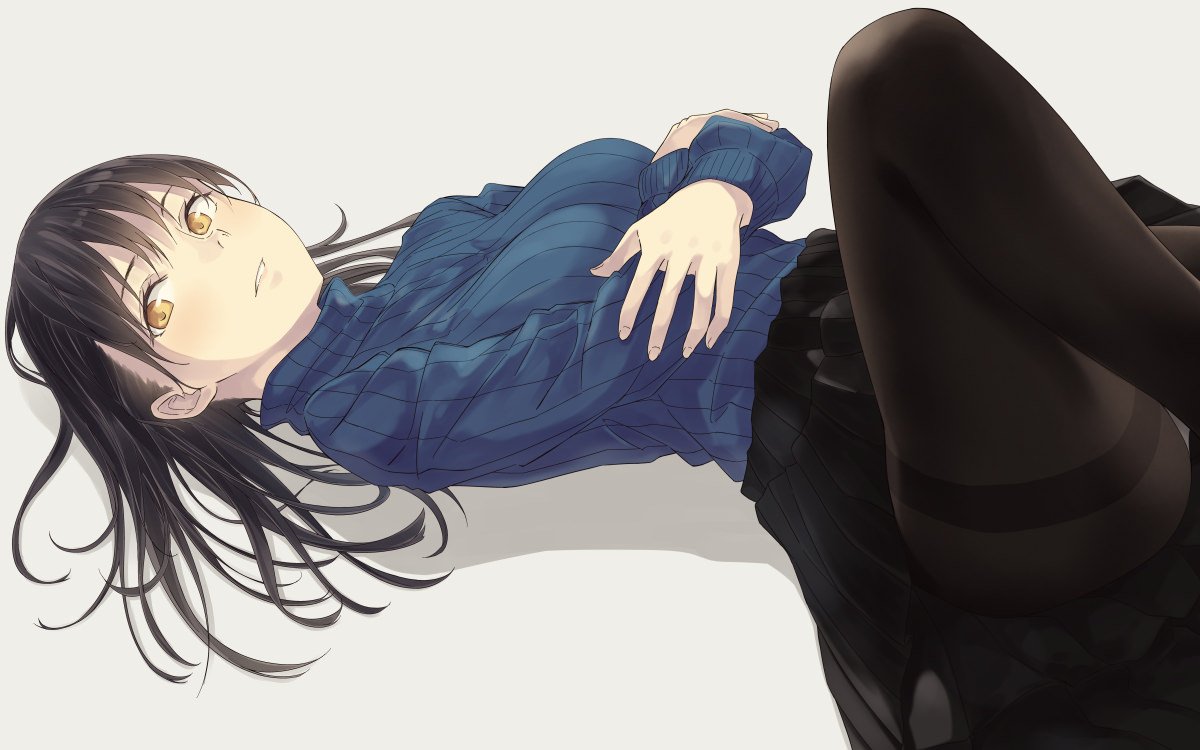 1girl arms_under_breasts black_hair black_legwear breasts crossed_arms hiwatari_rin large_breasts long_hair looking_at_viewer lying on_back original pantyhose pleated_skirt ribbed_sweater skirt sweater thighband_pantyhose turtleneck turtleneck_sweater yellow_eyes