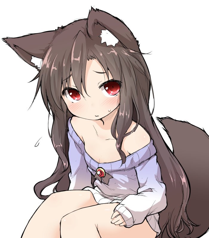 1girl alternate_costume animal_ears bare_legs bare_shoulders blue_sweater blush brooch brown_hair commentary flying_sweatdrops imaizumi_kagerou jewelry long_hair long_sleeves looking_at_viewer natsu_no_koucha red_eyes simple_background sitting sketch solo sweatdrop sweater tail touhou white_background wolf_ears wolf_tail