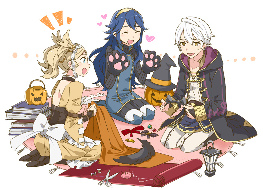 /\/\/\ 1boy 2girls animal_ears backless_outfit black_footwear blonde_hair blue_eyes blue_footwear blue_hair book book_stack boots cat_ears closed_eyes feathers fire_emblem fire_emblem:_kakusei fire_emblem_heroes gloves hair_ornament hat heart jack-o'-lantern lantern liz_(fire_emblem) long_hair long_sleeves looking_at_another lucina menoko multiple_girls my_unit_(fire_emblem:_kakusei) nintendo open_mouth pants paw_gloves paws ribbed_sweater ribbon robe scissors seiza shoes short_hair silver_hair sitting smile spool string sweatdrop sweater thigh-highs thigh_boots turtleneck twintails vest wide_sleeves witch_hat yellow_eyes