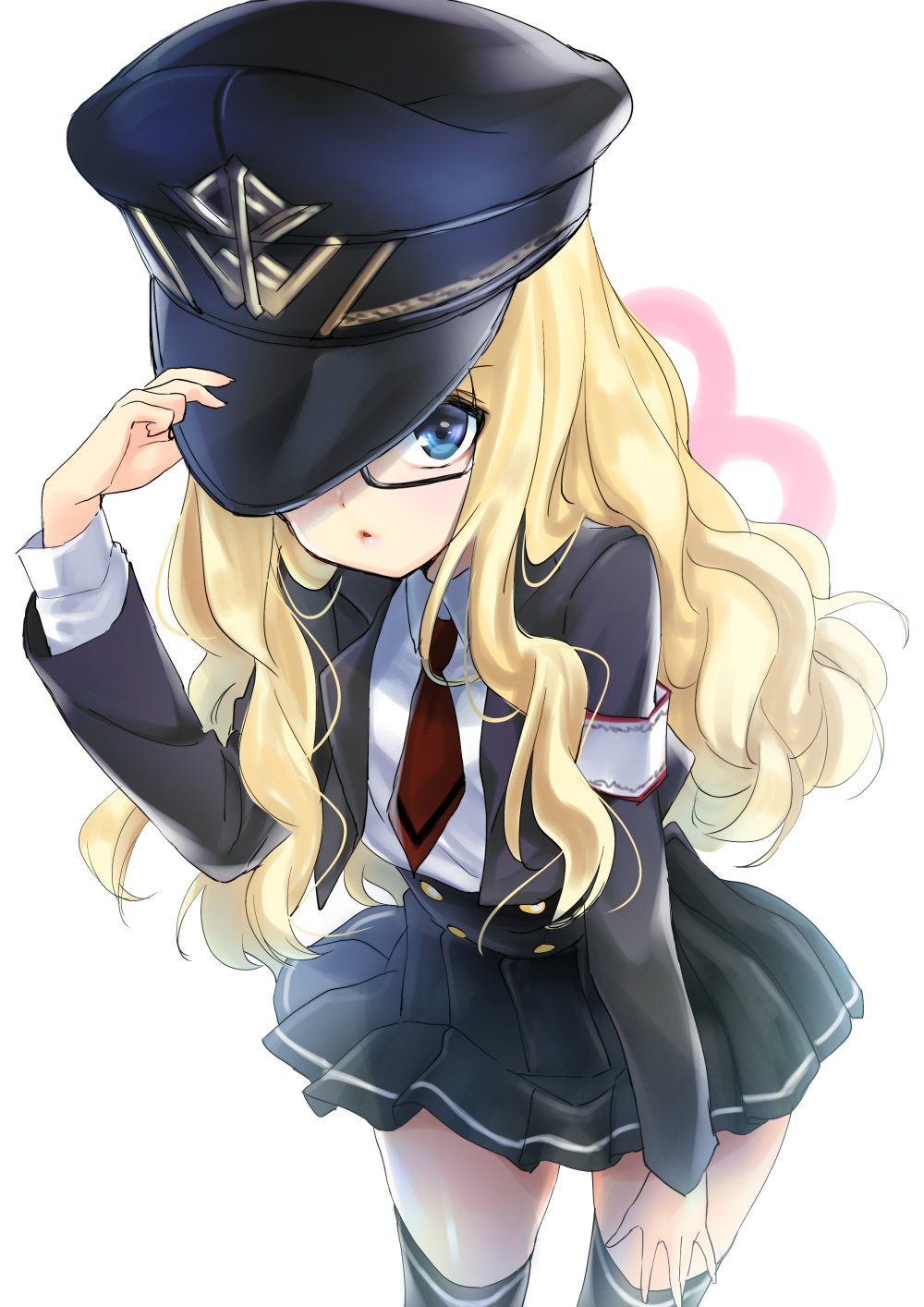 1girl arm_up armband black_hat black_jacket black_legwear black_skirt blazer blonde_hair blue_eyes emily_(pure_dream) glasses hand_on_headwear hat highres jacket long_hair miniskirt necktie one_eye_covered original peaked_cap red_neckwear shirt skirt solo thigh-highs white_shirt