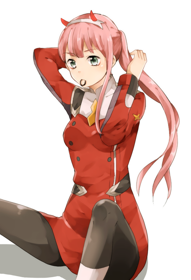 1girl black_legwear darling_in_the_franxx dress eyebrows_visible_through_hair green_eyes hairband horns long_hair long_sleeves military military_uniform mouth_hold pantyhose pink_hair ponytail red_dress short_dress simple_background sitting solo tying_hair uniform very_long_hair white_background white_hairband woumu yellow_neckwear zero_two_(darling_in_the_franxx)