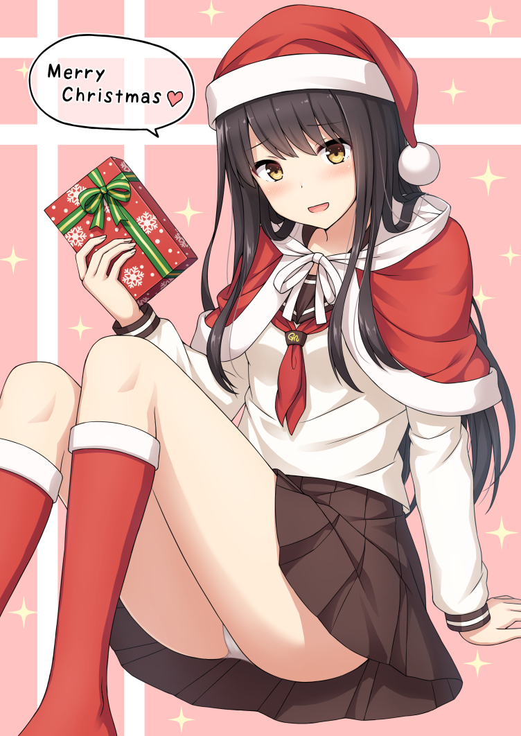 1girl :d arm_support ass bangs black_hair blush box breasts brown_eyes brown_sailor_collar brown_skirt capelet commentary_request eyebrows_visible_through_hair fingernails gift gift_box hair_between_eyes hand_up hat head_tilt heart holding holding_gift kneehighs long_hair long_sleeves merry_christmas nakamura_sumikage neckerchief open_mouth original pleated_skirt red_capelet red_hat red_legwear red_neckwear ribbon sailor_collar santa_hat school_uniform serafuku shirt sitting skirt small_breasts smile snowflake_print solo sparkle speech_bubble very_long_hair white_ribbon white_shirt