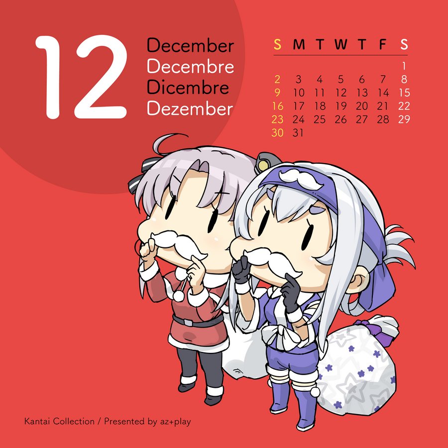 2girls ahoge ainu_clothes aka_ringo akitsushima_(kantai_collection) alternate_costume black_legwear boots calendar_(medium) capelet chibi december english fairy_(kantai_collection) fake_facial_hair fake_mustache folded_ponytail french full_body german grey_hair headband italian kamoi_(kantai_collection) kantai_collection long_hair multiple_girls pantyhose purple_footwear purple_shorts red_background red_skirt sack santa_costume shorts side_ponytail sidelocks skirt standing thigh-highs thigh_boots white_hair