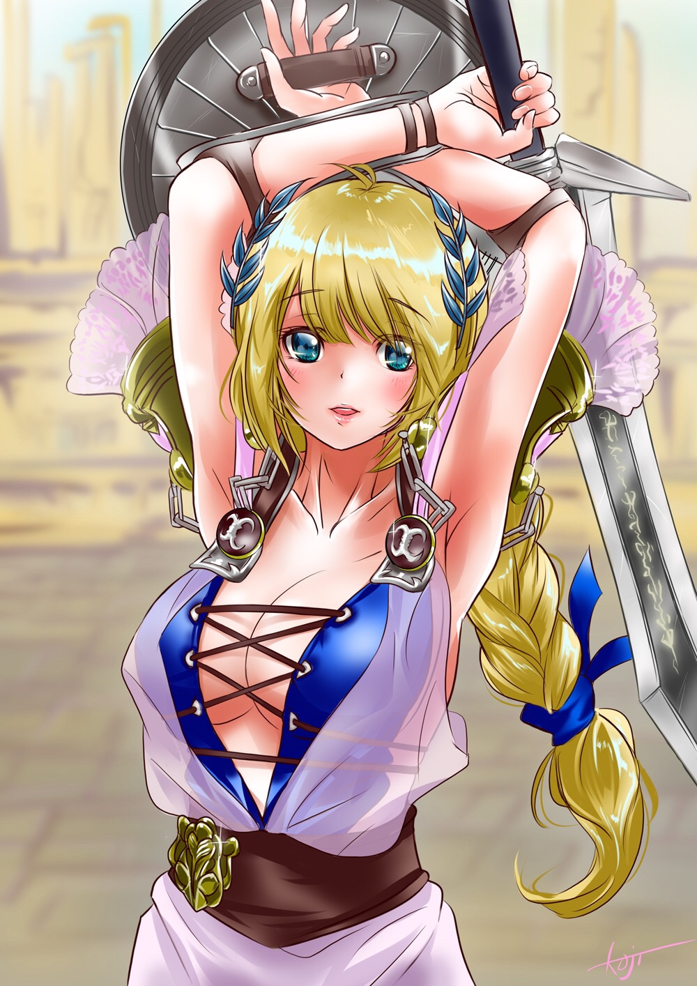 1girl arm_guards armor armored_dress arms_up bangs belt blonde_hair blue_eyes blurry breasts cleavage collarbone commentary_request cross-laced_clothes depth_of_field eyebrows_visible_through_hair hair_ornament highres holding holding_sword holding_weapon koji_(kojikojimdw) large_breasts long_hair looking_at_viewer low-tied_long_hair outdoors shield shoulder_armor shoulder_pads solo sophitia_alexandra soul_calibur standing sword weapon