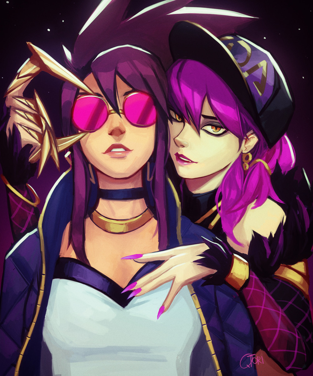 2girls akali bangs bare_shoulders baseball_cap breasts choker claws cropped_jacket detached_sleeves earrings evelynn feather_trim glasses gradient gradient_background hair_between_eyes halter_top halterneck hat highres idol jacket jewelry k/da_(league_of_legends) k/da_akali k/da_evelynn league_of_legends lips lipstick long_hair looking_at_viewer makeup medium_breasts multiple_girls nail_polish necklace open_clothes open_jacket parted_lips pince-nez pink-tinted_eyewear ponytail purple_background purple_hair qt0ri sunglasses tinted_eyewear upper_body yellow_eyes