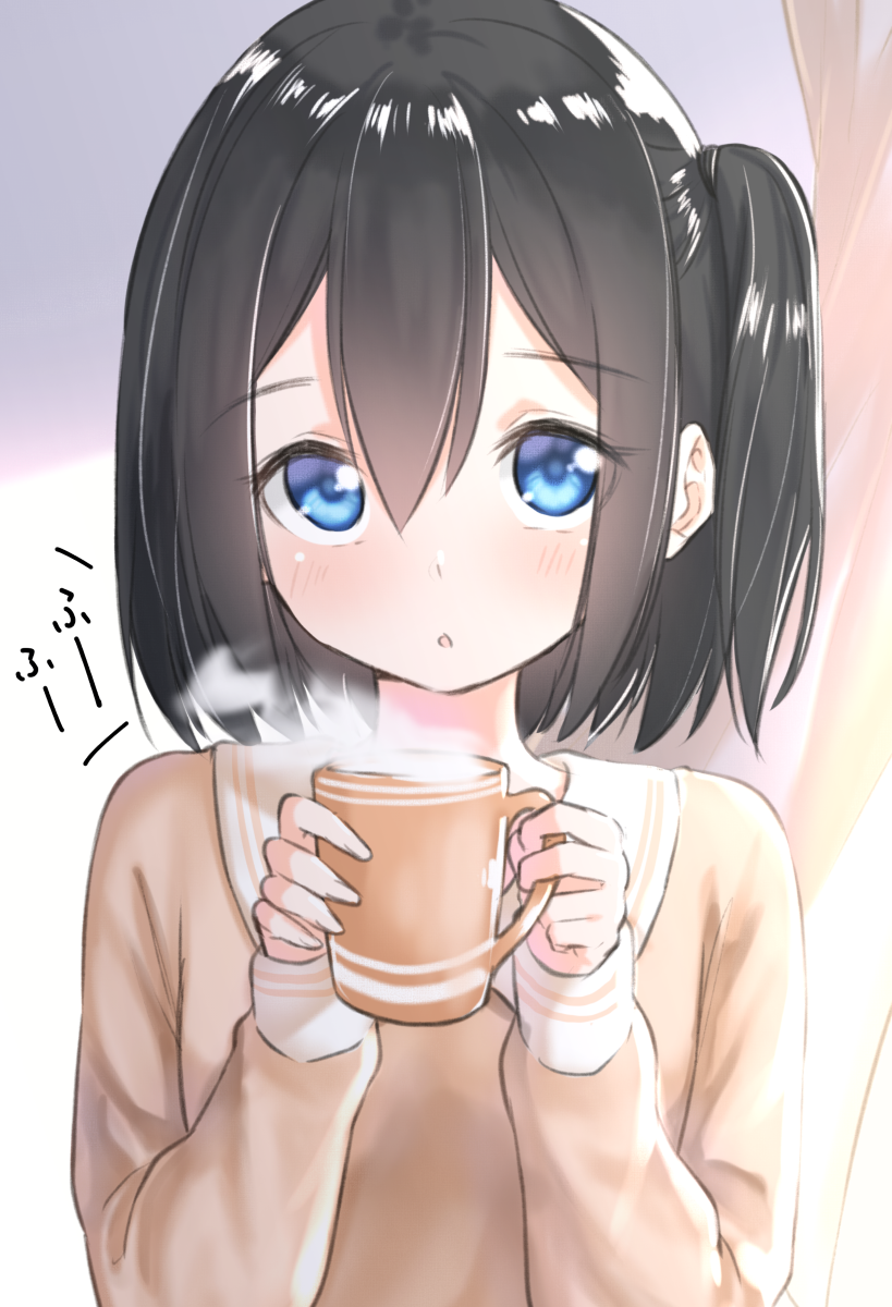 1girl :o bangs blue_eyes blush brown_hair brown_shirt coffee_mug commentary_request cup curtains eyebrows_visible_through_hair hair_between_eyes hands_up highres holding holding_cup long_sleeves mug one_side_up original parted_lips shirt sleeves_past_wrists solo steam suzunari_shizuku translated upper_body yuki_arare