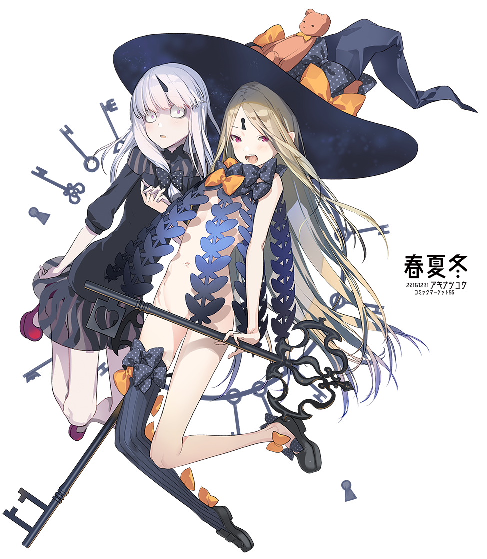 2girls abigail_williams_(fate/grand_order) akinashi_yuu albino bags_under_eyes bangs black_bow black_dress black_hat bow dress fate/grand_order fate_(series) flat_chest forehead hat horn key keyhole lavinia_whateley_(fate/grand_order) multiple_girls open_mouth orange_bow pale_skin parted_bangs polka_dot polka_dot_bow red_eyes single_thighhigh thigh-highs wide-eyed