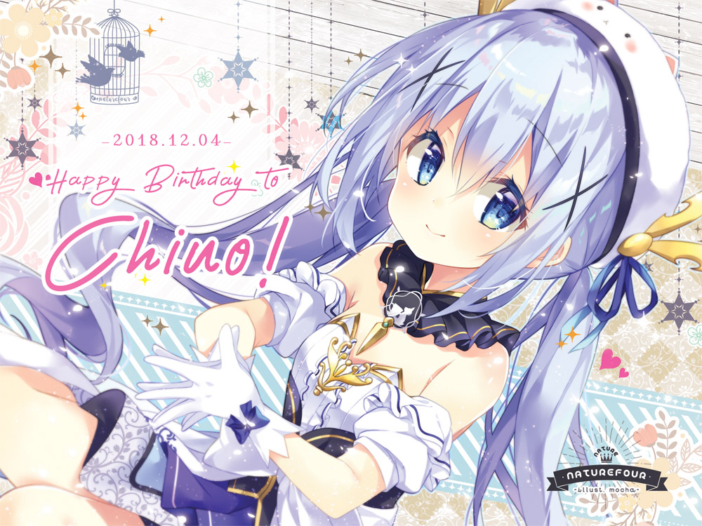 1girl bangs beret birdcage blue_eyes blue_hair blue_skirt blush cage character_hat character_name closed_mouth commentary_request dated eyebrows_visible_through_hair gloves gochuumon_wa_usagi_desu_ka? hair_between_eyes hair_ornament happy_birthday hat kafuu_chino long_hair low_twintails mocha_(naturefour) puffy_short_sleeves puffy_sleeves short_sleeves sidelocks skirt smile solo strapless tippy_(gochiusa) twintails very_long_hair white_gloves white_hat white_sleeves x_hair_ornament