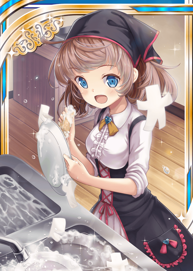 1girl :d akkijin blue_eyes breasts brown_hair card_(medium) dish dishwashing dress foam indoors kitchen looking_at_viewer official_art open_mouth shikigami shinkai_no_valkyrie short_hair small_breasts smile washing_dishes