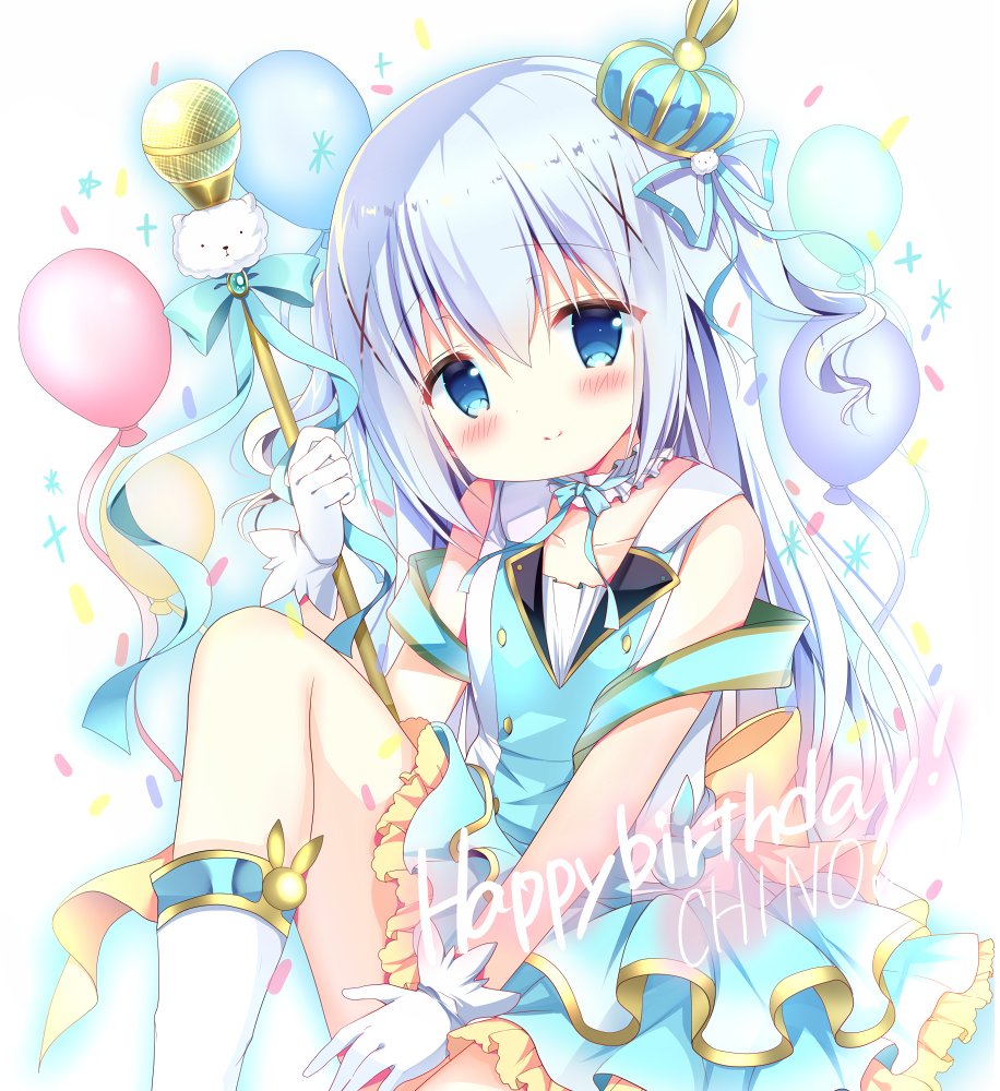 1girl azumi_kazuki balloon bangs bare_shoulders blue_dress blue_eyes blue_hair blue_ribbon blush boots bow breasts character_name closed_mouth collarbone commentary_request crown dress eyebrows_visible_through_hair gloves gochuumon_wa_usagi_desu_ka? hair_between_eyes hair_ornament hair_ribbon happy_birthday head_tilt holding kafuu_chino knee_up long_hair microphone mini_crown ribbon sitting sleeveless sleeveless_dress small_breasts smile solo tilted_headwear two_side_up very_long_hair white_footwear white_gloves x_hair_ornament yellow_bow