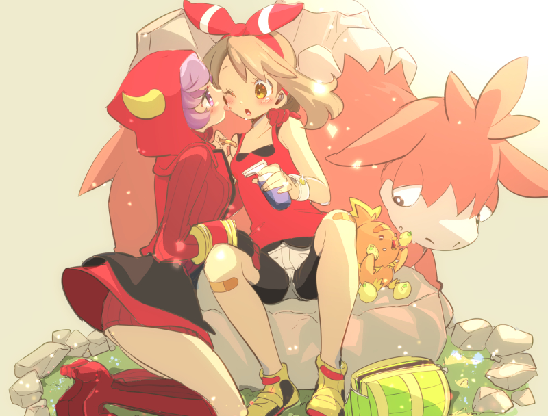 2girls ;o bag bandaid bandaid_on_knee berry bike_shorts black_skirt blush boots camerupt cheek_licking chorimokki creatures_(company) eating face_licking game_freak gen_3_pokemon gloves grass hand_on_another's_leg haruka_(pokemon) high_heel_boots high_heels horned_hood kagari_(pokemon) knee_boots kneeling licking medium_hair multiple_girls nintendo on_rock one_eye_closed outdoors pokemon pokemon_(creature) pokemon_(game) pokemon_oras potion purple_hair red_footwear red_gloves red_hood red_sweater ribbed_sweater shoes short_hair simple_background sitting skirt sneakers stone sweater team_magma torchic violet_eyes white_wristband yellow_footwear yuri