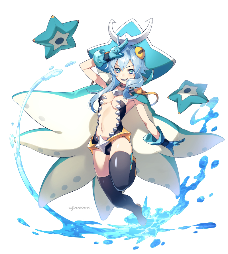 &gt;:) 1girl black_choker black_legwear black_swimsuit blue_eyes blue_gloves blue_hair blue_hat breasts cape center_opening choker full_body gloves hat kraken_(monster_super_league) long_hair medium_breasts monster_super_league navel one-piece_swimsuit parted_lips revealing_clothes solo starfish swimsuit thigh-highs ujou water