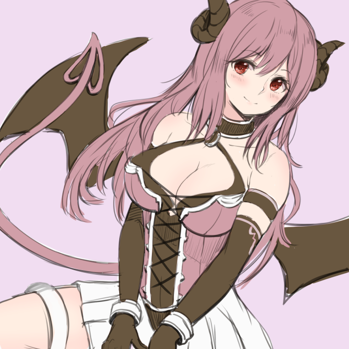 1girl armband armpit_crease bangs bare_shoulders black_gloves blush breasts brown_hair cleavage closed_mouth collarbone cross-laced_clothes cuffs dargo demon_girl demon_horns demon_tail demon_wings elbow_gloves eyebrows_visible_through_hair gloves halterneck handcuffs hasekura_io horns large_breasts long_hair looking_at_viewer miniskirt pink_background pleated_skirt princess_connect! princess_connect!_re:dive red_eyes sidelocks simple_background sitting sketch skirt sleeveless smile solo tail v_arms white_skirt wings