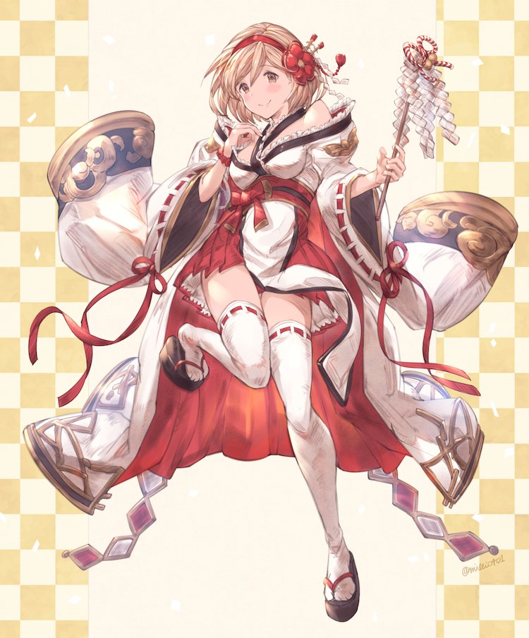 1girl bangs bare_shoulders black_footwear blush breasts brown_eyes checkered closed_mouth commentary_request djeeta_(granblue_fantasy) eyebrows_visible_through_hair flower frilled_kimono frills full_body granblue_fantasy hair_between_eyes hair_flower hair_ornament hairband hands_up head_tilt holding japanese_clothes kimono leg_up light_brown_hair long_sleeves medium_breasts milli_little obi off_shoulder red_flower red_hairband ribbon-trimmed_legwear ribbon-trimmed_sleeves ribbon_trim sash shide short_kimono smile solo standing standing_on_one_leg thigh-highs white_kimono white_legwear wide_sleeves