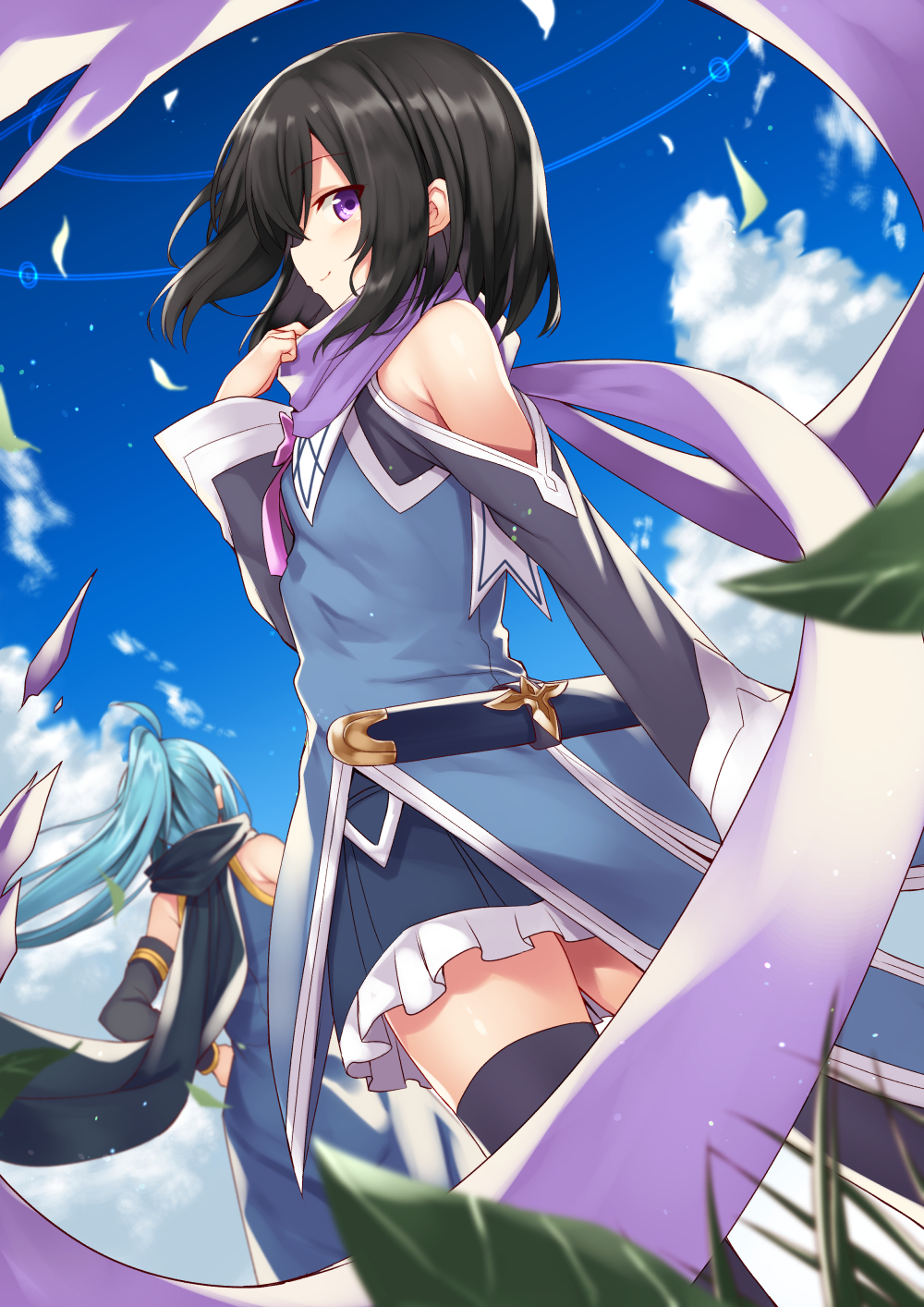 2girls ahoge aqua_hair armpit_crease bangs bare_shoulders black_hair black_legwear black_scarf blue_shirt blue_skirt blue_sky blurry_foreground blush bow bowtie closed_mouth clouds cloudy_sky commentary_request day detached_sleeves facing_away floating_hair frilled_skirt frills from_behind hand_on_hip hand_up highres leaf light_particles long_hair long_sleeves looking_at_viewer looking_to_the_side mahcdai miniskirt multiple_girls original outdoors planol_note ponytail profile purple_neckwear purple_scarf scarf scarf_pull sheath shirt short_hair sidelocks skirt sky sleeves_past_wrists smile tailcoat thigh-highs violet_eyes wind zettai_ryouiki