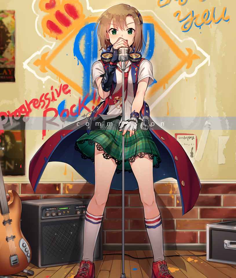 1girl arm_warmers bangs blush brown_hair cable coat commentary_request electric_guitar eyebrows_visible_through_hair fingerless_gloves gloves graffiti green_eyes guitar hair_ornament headphones headphones_around_neck idolmaster idolmaster_cinderella_girls idolmaster_cinderella_girls_starlight_stage indoors instrument jewelry kamille_(vcx68) kneehighs lace lace-trimmed_skirt looking_at_viewer microphone microphone_stand music necktie open_mouth plaid plaid_skirt pleated_skirt red_coat red_footwear ring shirt short_hair short_sleeves singing single_glove skirt sleeveless_coat smile solo speaker standing tada_riina white_gloves white_legwear white_shirt x_hair_ornament