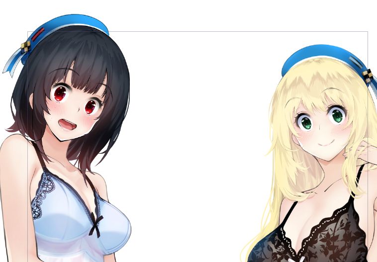 2girls amami_amayu atago_(kantai_collection) beret black_bra black_hair blonde_hair blue_hat blue_nightgown blush bra breasts cleavage closed_mouth collarbone green_eyes hand_in_hair hat kantai_collection large_breasts long_hair looking_at_viewer multiple_girls open_mouth red_eyes short_hair simple_background smile takao_(kantai_collection) underwear underwear_only upper_body white_background