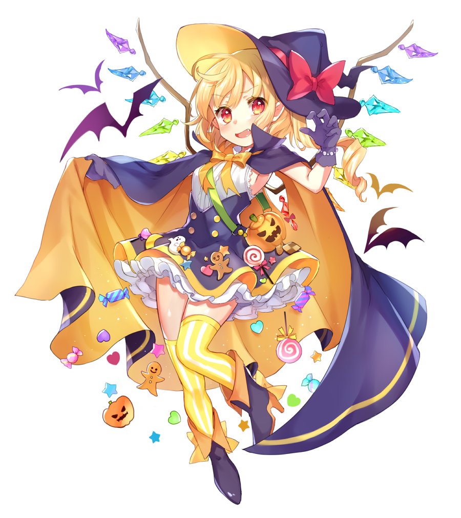 1girl :d alternate_costume ankle_boots bag bat black_footwear black_skirt blonde_hair blush boots bow candy candy_wrapper cape checkerboard_cookie claw_pose cookie crystal fang flandre_scarlet food full_body ghost gingerbread_man gloves grey_gloves halloween hand_up handbag hat hat_bow heart high-waist_skirt high_heel_boots high_heels jack-o'-lantern lollipop looking_at_viewer one_side_up open_mouth outstretched_arm paragasu_(parags112) petticoat red_bow red_eyes shirt shoulder_bag simple_background skirt sleeveless sleeveless_shirt smile solo star striped striped_legwear swirl_lollipop thigh-highs touhou vertical-striped_legwear vertical_stripes white_background white_shirt wings witch_hat wrapped_candy yellow_legwear zettai_ryouiki