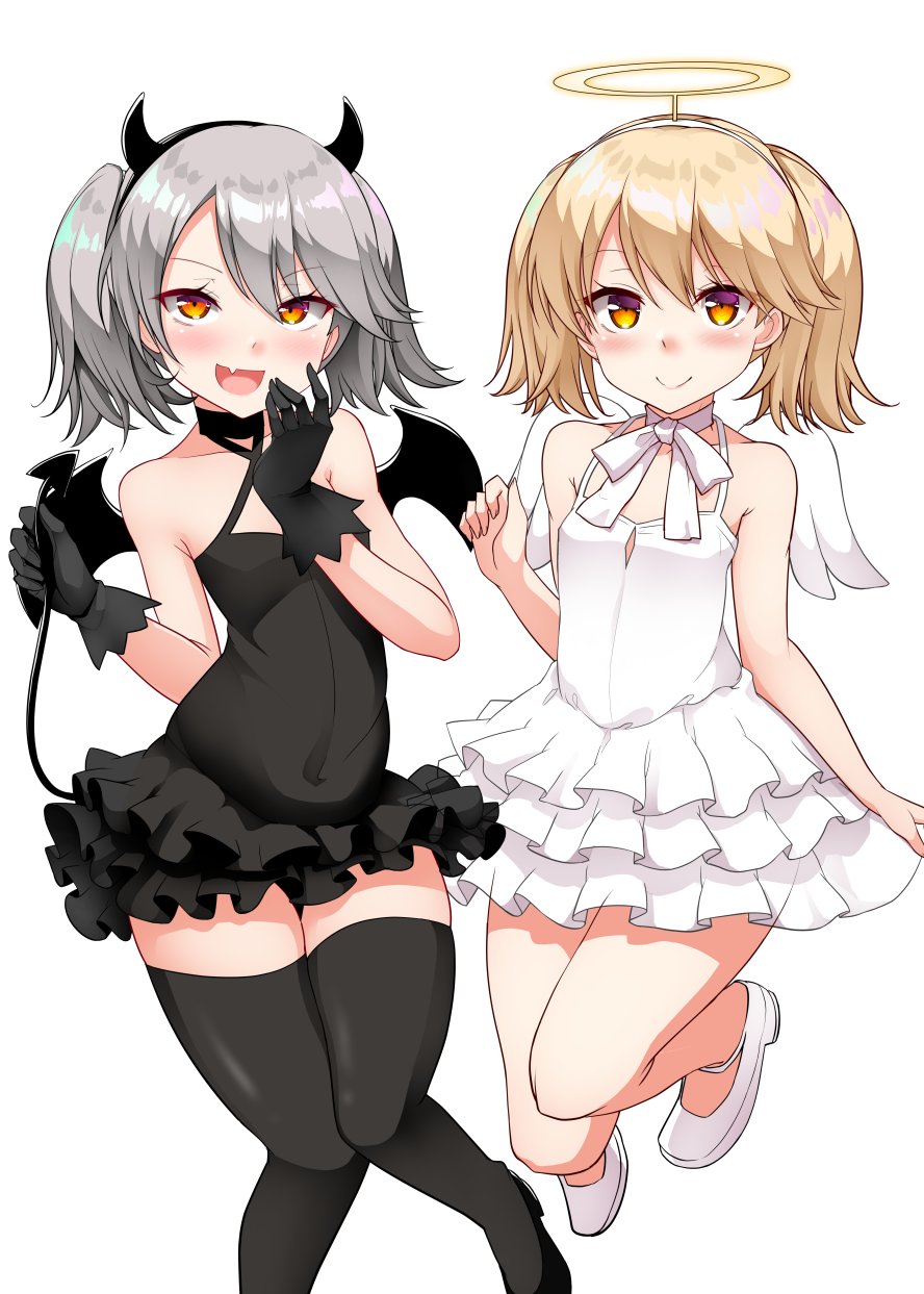 2girls alternate_costume alternate_hair_color angel_wings bare_legs bare_shoulders black_dress black_footwear black_gloves black_legwear blonde_hair choker commentary_request demon_horns demon_tail demon_wings dress dual_persona fang flat_chest gloves grey_hair hairband halo highres horns kantai_collection kirigakure_(kirigakure_tantei_jimusho) multiple_girls neck_ribbon ribbon ryuujou_(kantai_collection) short_dress sleeveless sleeveless_dress tail thigh-highs twintails white_background white_dress white_footwear wings yellow_eyes