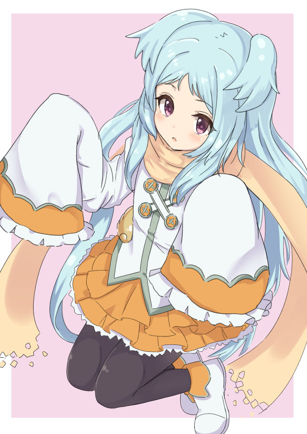 1girl :o bangs black_legwear blue_hair blush dargo frilled_sleeves frills full_body hands_up izumo_miyako layered_skirt legs_up long_hair long_sleeves looking_at_viewer miniskirt orange_skirt pantyhose parted_lips princess_connect! princess_connect!_re:dive red_eyes scarf shirt shoes sidelocks skirt sleeves_past_fingers sleeves_past_wrists solo white_footwear white_shirt wide_sleeves yellow_scarf