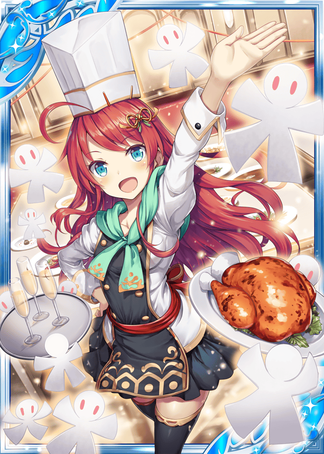 1girl :d akkijin blue_eyes blue_ribbon breasts card_(medium) chef chef_hat chef_uniform chicken_(food) dish food frilled_skirt frills frying_pan glass glowing hair_ornament hand_up hat indoors long_hair looking_at_viewer looking_up medium_breasts official_art open_mouth redhead ribbon shikigami shinkai_no_valkyrie skirt smile table thigh-highs