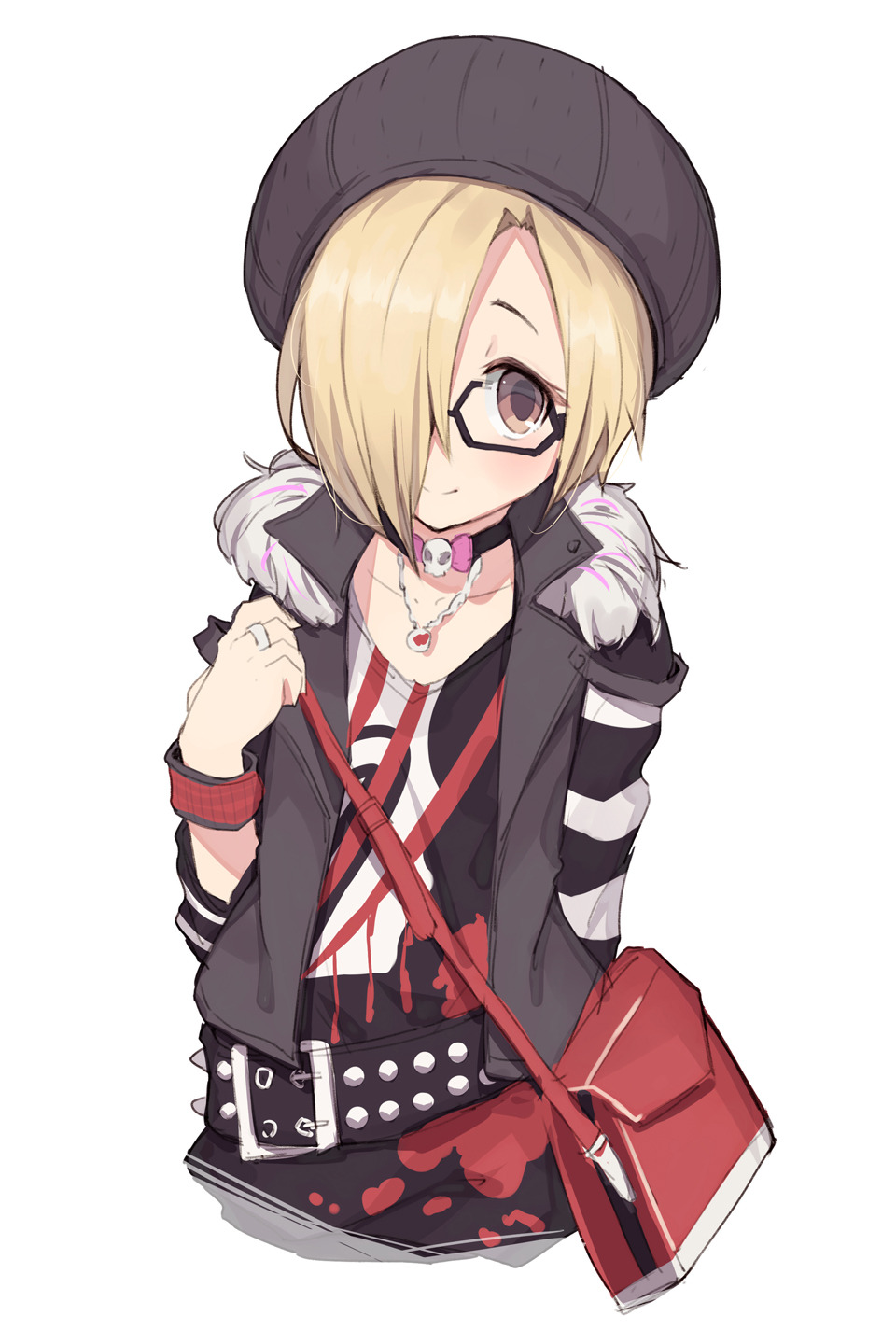 1girl bag belt beret black-framed_eyewear blonde_hair brown_eyes commentary english_commentary fur_collar glasses hair_over_one_eye hat highres idolmaster idolmaster_cinderella_girls jewelry looking_at_viewer necklace shirasaka_koume shone short_hair shoulder_bag simple_background smile solo studded_belt upper_body white_background wristband