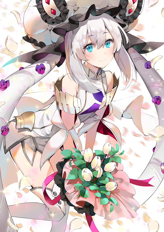 1girl bangs bare_shoulders blue_eyes blush bouquet breasts closed_mouth commentary_request detached_sleeves dress eyebrows_visible_through_hair fate/grand_order fate_(series) flower hair_between_eyes hat head_tilt holding holding_bouquet ice_(ice_aptx) leaning_forward leg_up long_hair looking_at_viewer marie_antoinette_(fate/grand_order) petals sidelocks simple_background sleeveless sleeveless_dress small_breasts smile solo standing standing_on_one_leg thigh-highs twintails very_long_hair white_background white_dress white_flower white_hair white_hat white_legwear