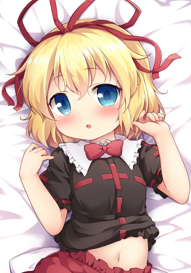 1girl baku-p black_shirt blonde_hair blue_eyes blush commentary_request dakimakura lying medicine_melancholy navel on_back open_mouth red_skirt ribbon shirt shirt_lift short_hair skirt solo touhou upper_body