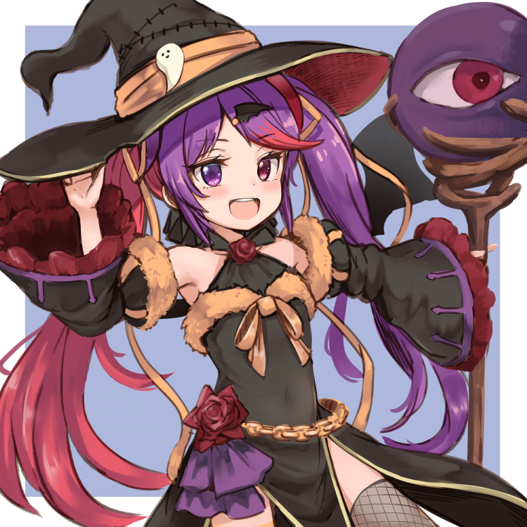 1girl :d armpits bangs bare_shoulders black_hat blush chains covered_navel cowboy_shot dargo detached_sleeves eyeball fishnet_legwear fishnets flower hand_up hat heterochromia holding holding_staff long_hair long_sleeves looking_at_viewer multicolored_hair open_mouth pelvic_curtain princess_connect! princess_connect!_re:dive purple_hair redhead rose sidelocks smile solo staff swept_bangs tamaizumi_misaki twintails two-tone_hair upper_teeth very_long_hair violet_eyes wide_sleeves wing_hair_ornament witch_hat