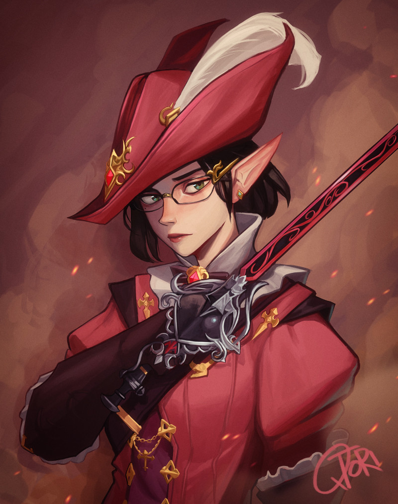 1girl black_hair blue_eyes closed_mouth commission earrings elezen elf facing_viewer final_fantasy final_fantasy_xiv glasses gloves hat jewelry lips looking_to_the_side pointy_ears qt0ri red_background red_mage short_hair signature solo sword weapon