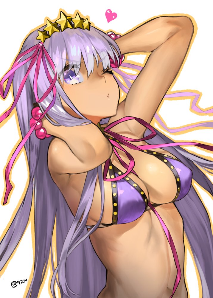 1girl 92m bb_(fate)_(all) bb_(swimsuit_mooncancer)_(fate) bikini_top bra breasts cleavage covered_nipples dark_skin diadem eyebrows_visible_through_hair fate/grand_order fate_(series) hair_between_eyes hair_ribbon long_hair looking_at_viewer medium_breasts navel pink_ribbon purple_bikini_top purple_bra ribbon shiny shiny_hair silver_hair solo star studded twitter_username underwear upper_body very_long_hair violet_eyes white_background