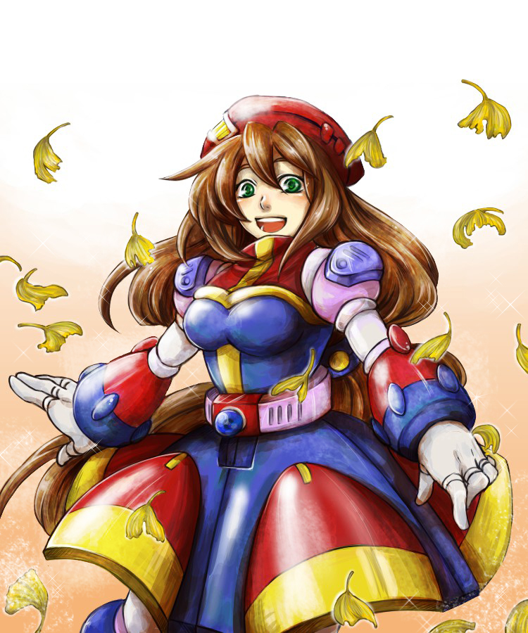 1girl :d android beret blush breasts brown_hair dress gloves gradient gradient_background green_eyes hair_between_eyes hat iris_(rockman_x) katsuno leaf leaves_in_wind long_hair low-tied_long_hair medium_breasts military_hat open_mouth red_hat rockman rockman_x rockman_x4 smile solo teeth very_long_hair white_gloves