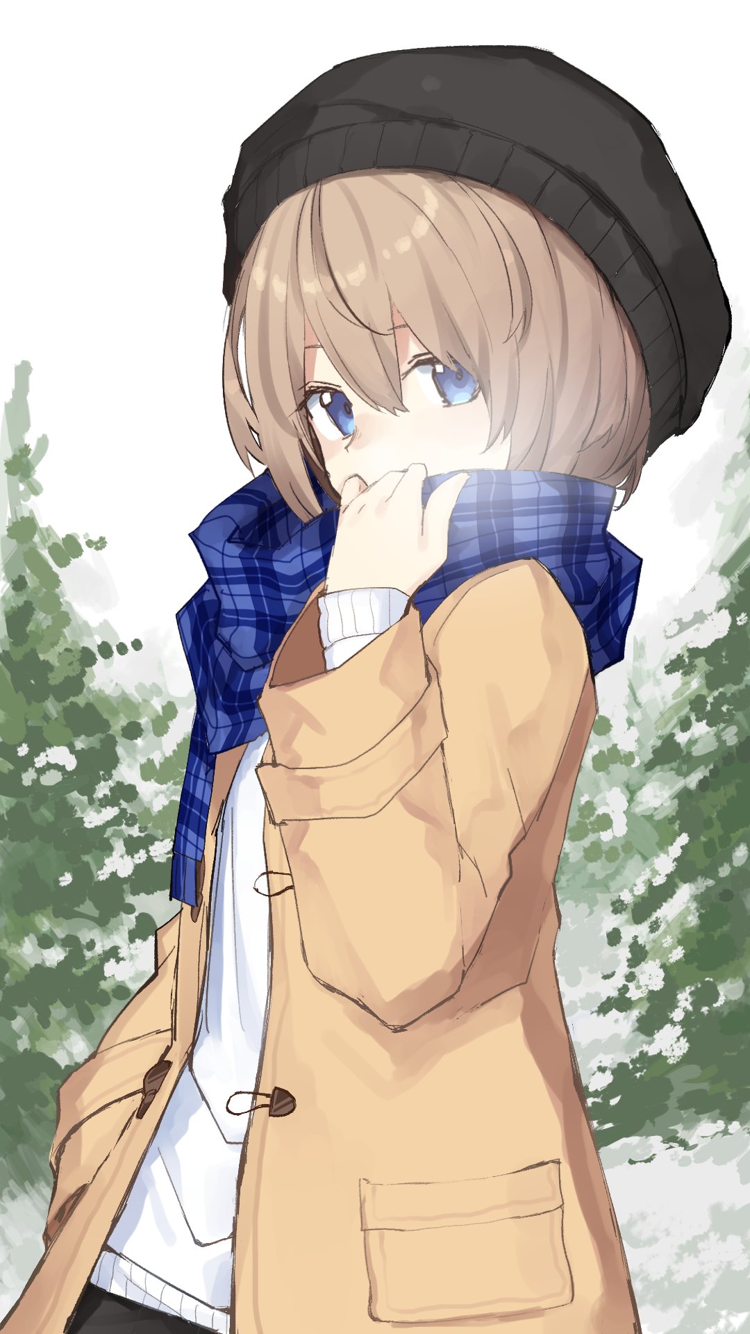 1girl blanc blancpig_yryr blue_eyes breath brown_hair coat covered_mouth hair_between_eyes hat highres looking_at_viewer neptune_(series) scarf scarf_over_mouth short_hair solo